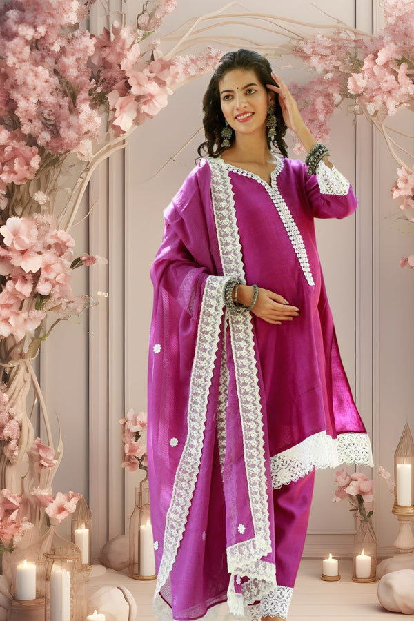 Luxe Magenta Chanderi Maternity & Nursing Kurta + Bump Band Bottom + Dupatta (3 Pc) momzjoy.com