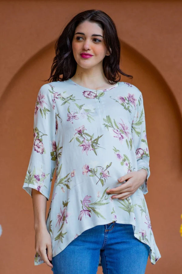 Mint Floral Viscose Maternity & Nursing Top MOMZJOY.COM