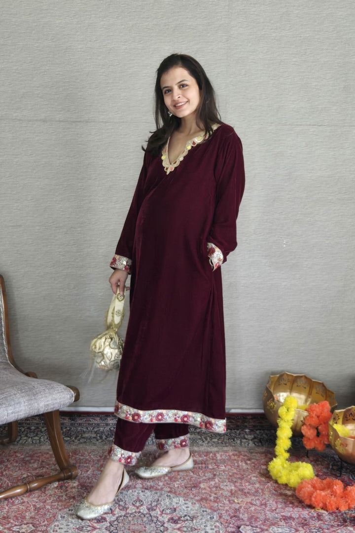 Classic Deep Berry Velvet Maternity Kurta Set (2 Pc) momzjoy.com