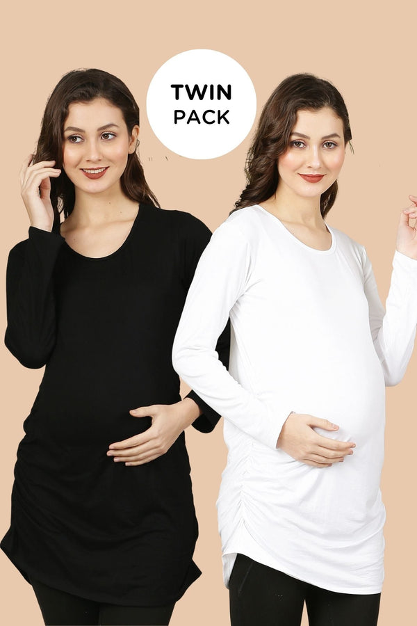 Maternity Ruched Tops - Black & White Twin Pack MOMZJOY.COM