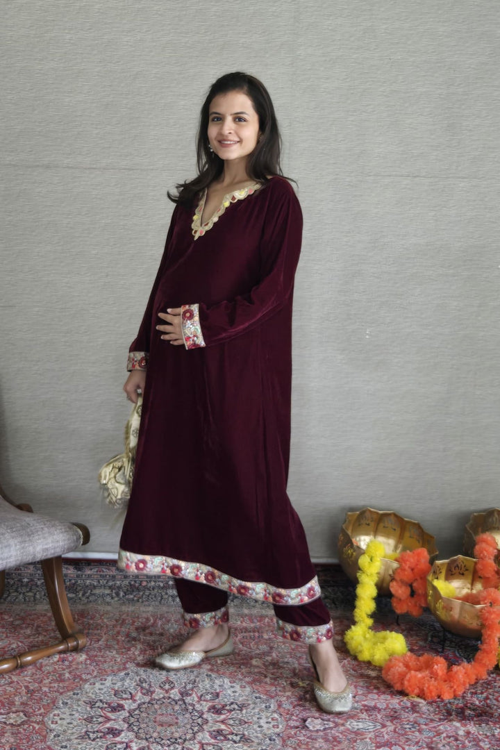 Classic Deep Berry Velvet Maternity Kurta Set (2 Pc) momzjoy.com