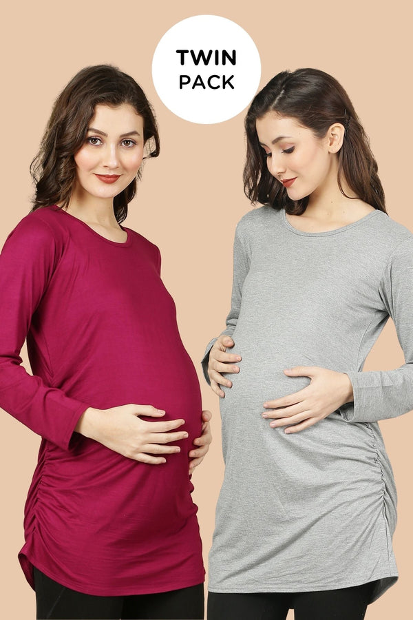 Maternity Ruched Tops - Wine & Grey Twin Pack MOMZJOY.COM