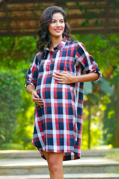 Charming Red Black Checks Maternity & Nursing Shirt Dress MOMZJOY.COM