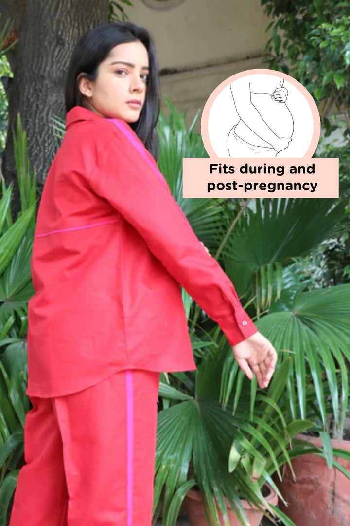 Hot Red Maternity & Nursing Shirt (Cotton Linen) momzjoy.com