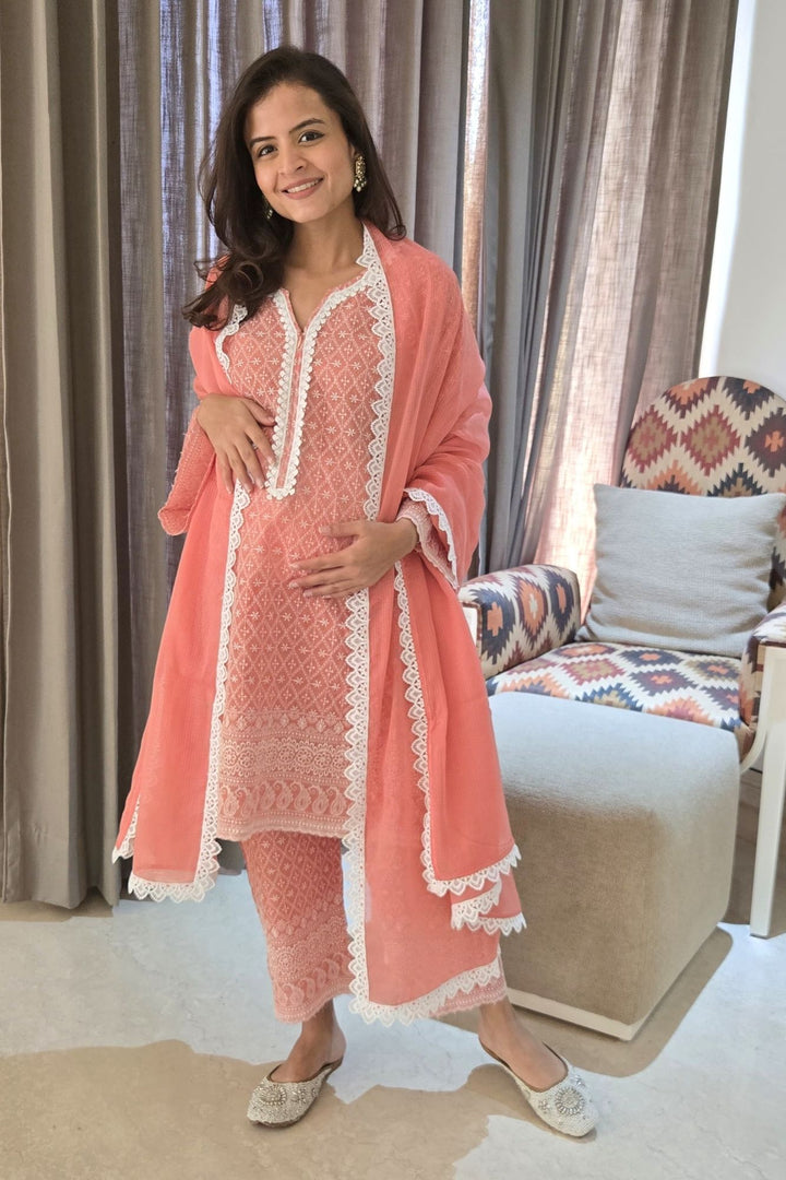 Charming Peach Maternity & Nursing Kurta + Bottom + Dupatta (3 Pc) (100% Cotton) momzjoy.com