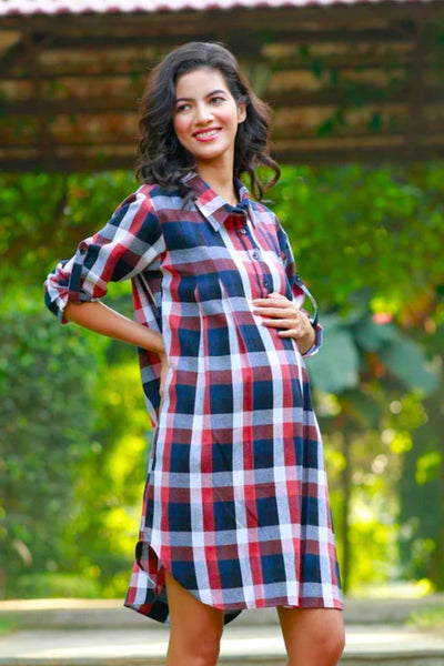 Charming Red Black Checks Maternity & Nursing Shirt Dress MOMZJOY.COM