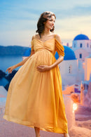 Luxe Appealing Golden Off-Shoulder Maternity Photoshoot Gown momzjoy.com