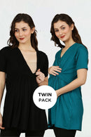 Maternity & Nursing Gathered Tops - Black & Teal Green Twin Pack MOMZJOY.COM