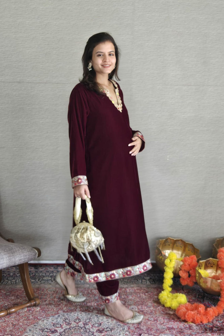 Classic Deep Berry Velvet Maternity Kurta Set (2 Pc) momzjoy.com