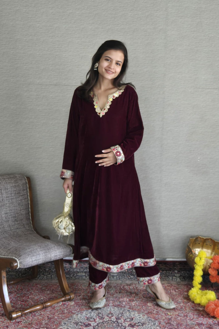 Classic Deep Berry Velvet Maternity Kurta Set (2 Pc) momzjoy.com