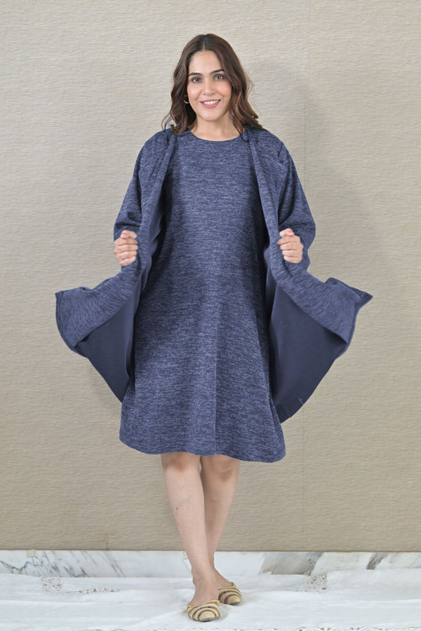 Blue Maternity Winter Dress With Cover Up (2pc) MOMZJOY.COM