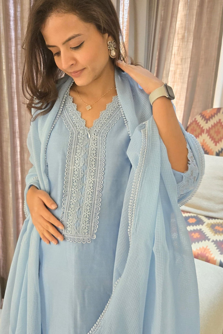 Pretty Ice Blue Maternity & Nursing Kurta + Bottom + Dupatta (3 Pc) momzjoy.com