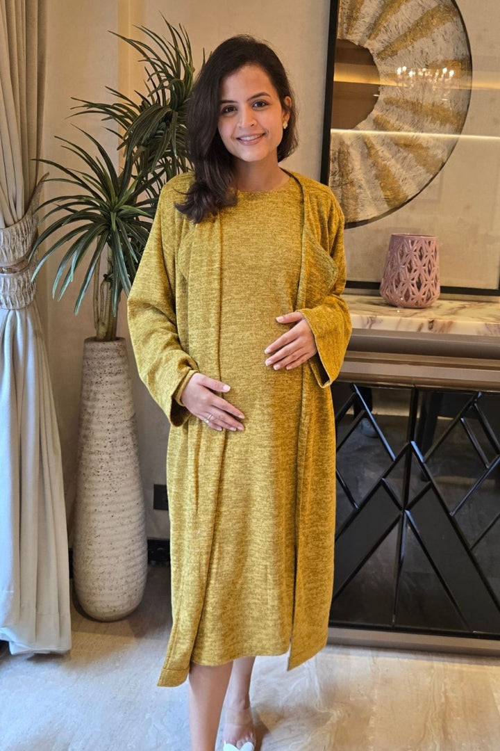 Cozy Mustard Maternity Winter Cover Up momzjoy.com