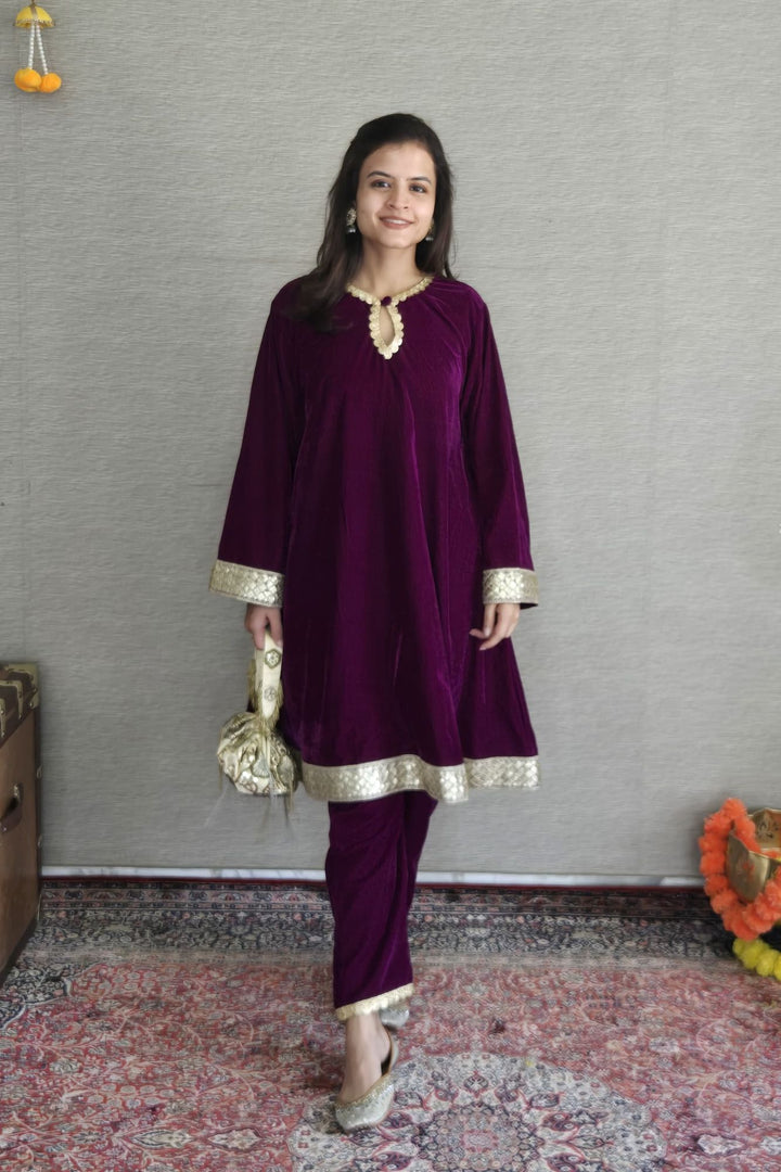 Adorable Wine Velvet Maternity Kurta Set (2 Pc) momzjoy.com