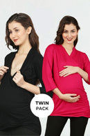 Maternity & Nursing Wrap Tops - Black & Pink Twin Pack MOMZJOY.COM