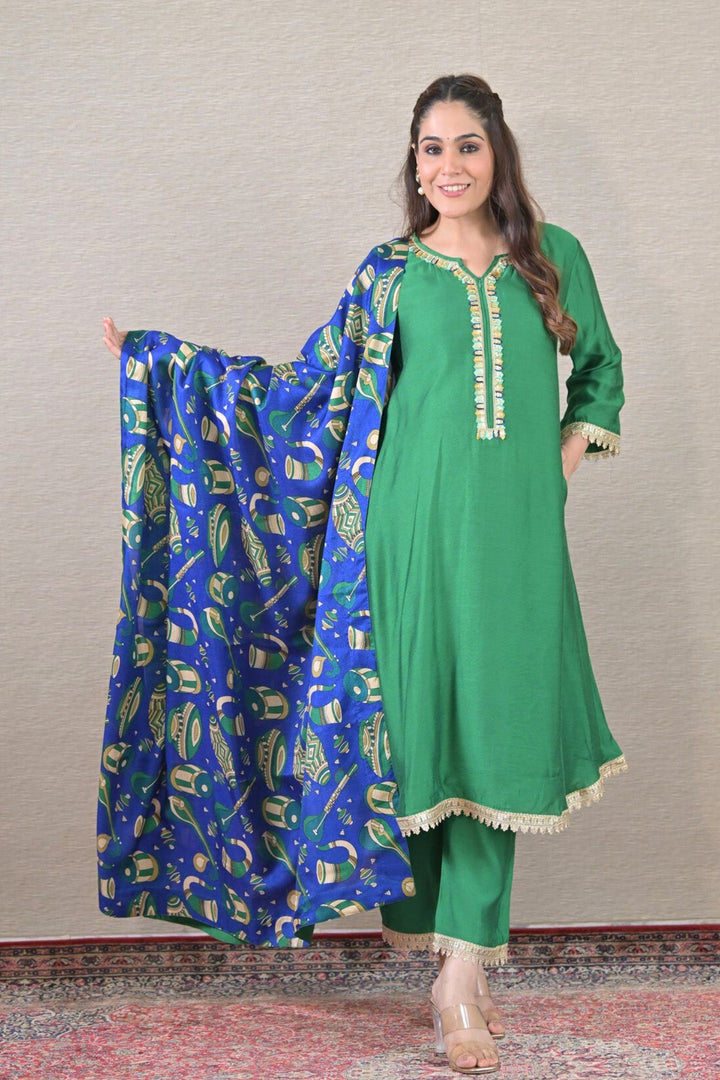 Luxe Emerald Silk Maternity & Nursing Kurta + Bump Band Bottom + Dupatta (3 Pc) momzjoy.com