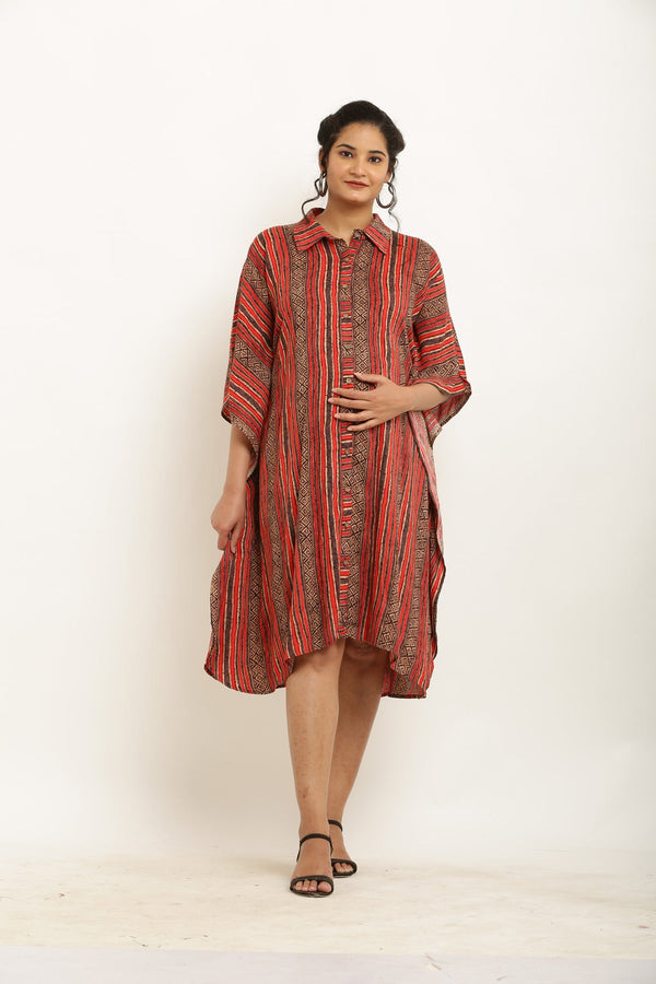 Classic Reddish Brown Striped Maternity & Nursing Kaftan Dress (100% Cotton) MOMZJOY.COM