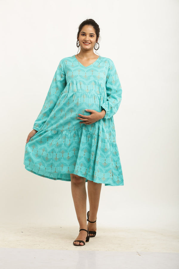Aqua Blue Floral Maternity & Nursing Layered Dress momzjoy.com