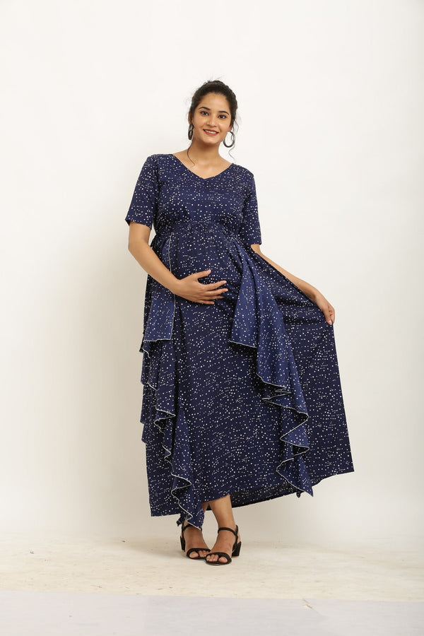 Midnight Blue Sprinkle Maternity Flow Crepe Dress momzjoy.com