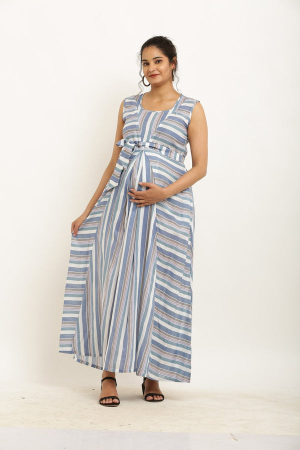 Cheerful Dusty Blue Striped Maternity & Nursing Dress MOMZJOY.COM