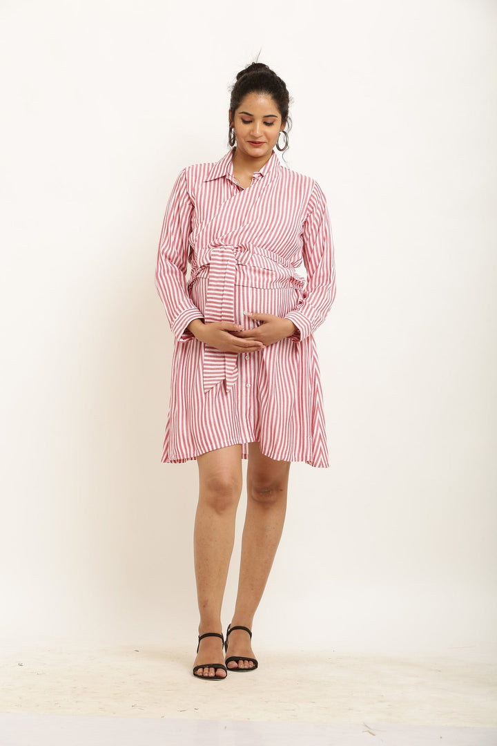 Poppy Red Striped Maternity & Nursing Wrap Shirt Dress momzjoy.com