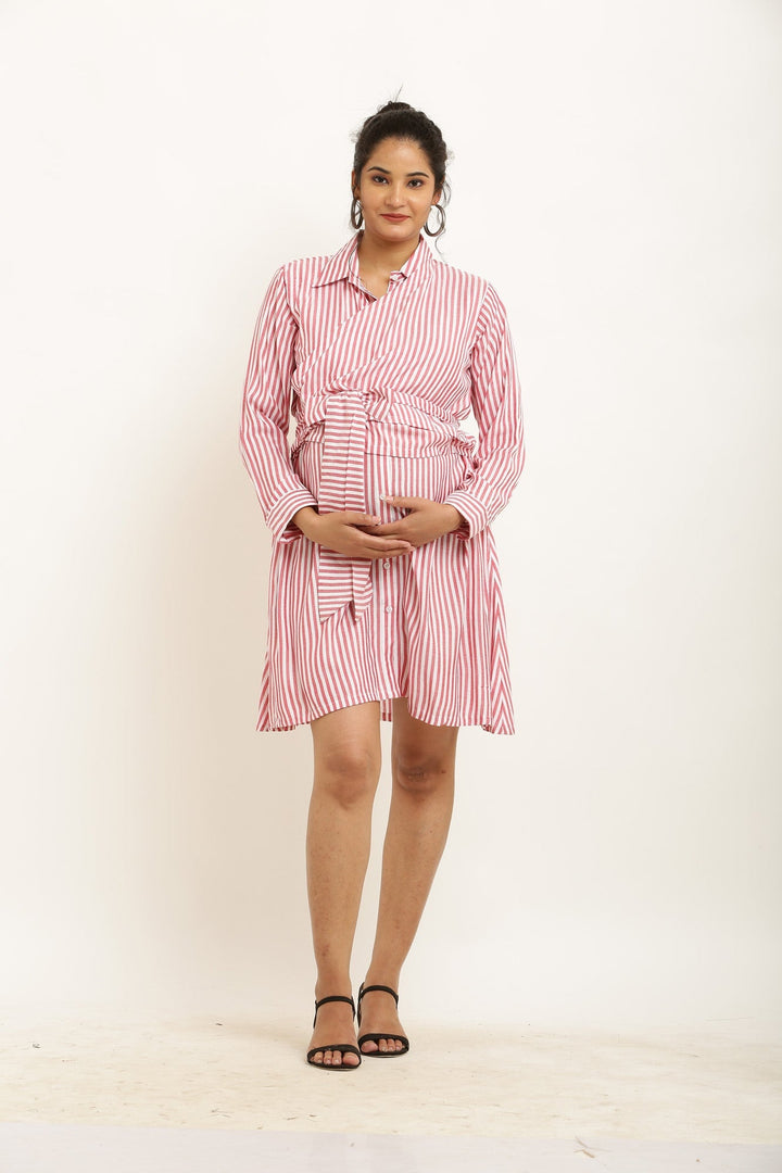 Poppy Red Striped Maternity & Nursing Wrap Shirt Dress momzjoy.com