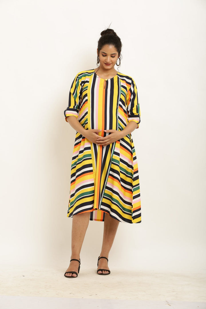 Vivacious Colorful Striped Maternity & Nursing Dress MOMZJOY.COM
