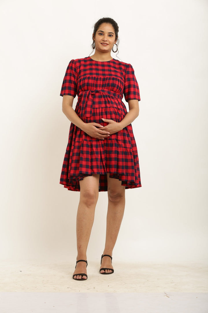 Adorable Red Plaid Maternity & Nursing Layered Knee Dress momzjoy.com