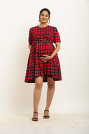Adorable Red Plaid Maternity & Nursing Layered Knee Dress momzjoy.com