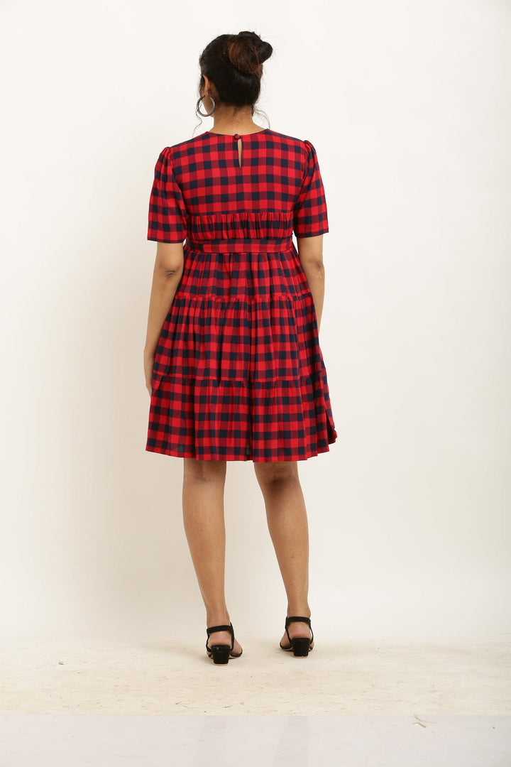 Adorable Red Plaid Maternity & Nursing Layered Knee Dress momzjoy.com