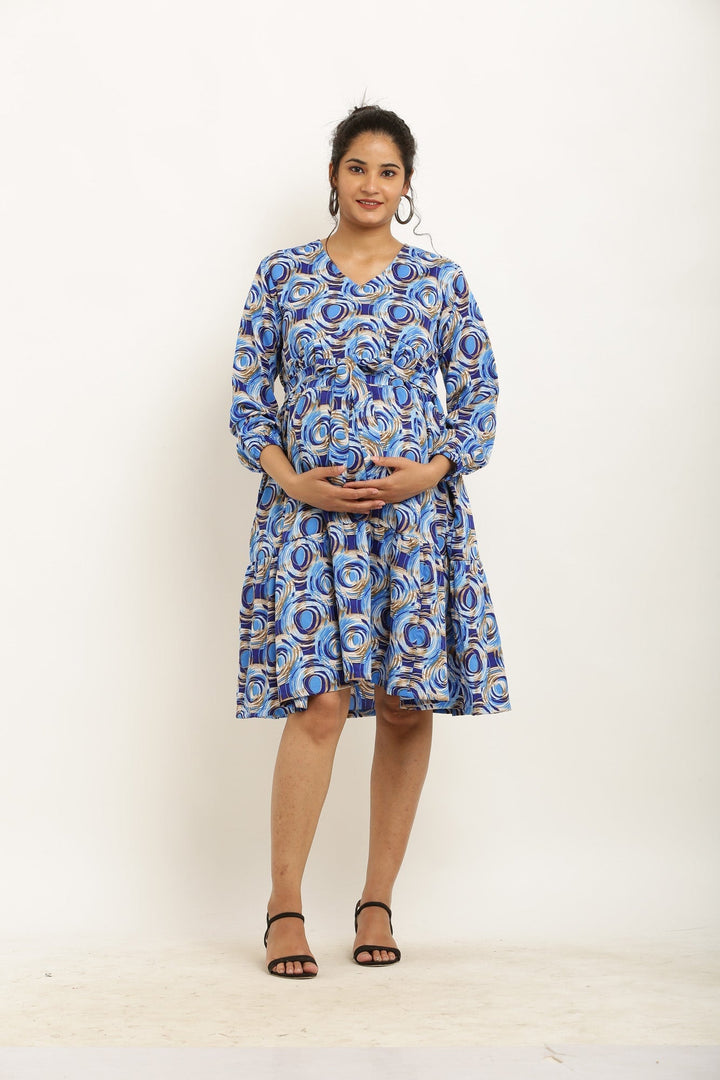 Jazzy Blue Monochrome Maternity & Nursing Layered Knee Dress momzjoy.com