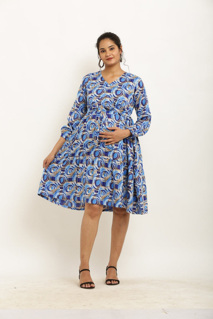 Jazzy Blue Monochrome Maternity & Nursing Layered Knee Dress momzjoy.com