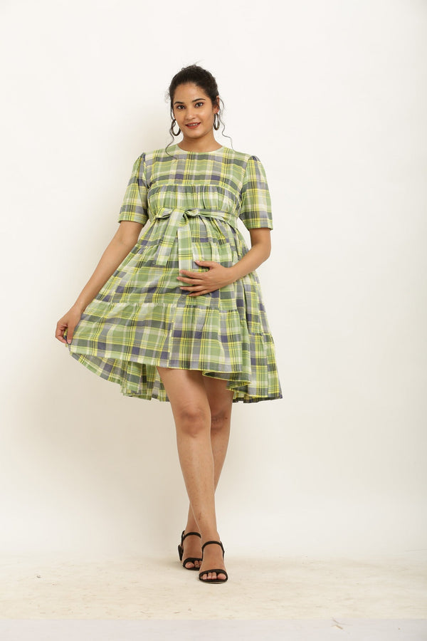 Charming Olive Plaid Maternity & Nursing Layered Knee Dress momzjoy.com