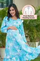 Restful Turquoise Floaral Maternity & Nursing Night Dress momzjoy.com