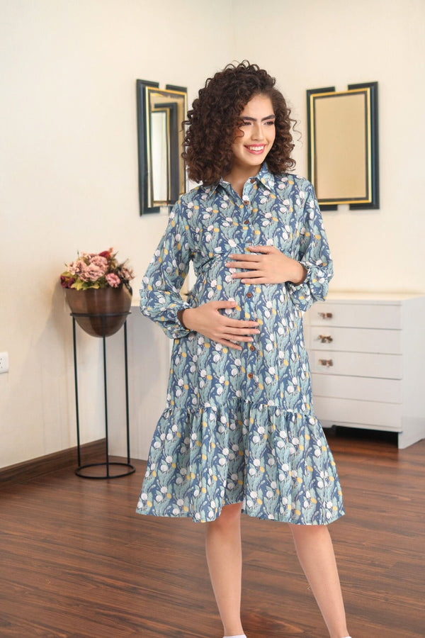 Daisy Green Maternity & Nursing Frill Shirt Dress momzjoy.com