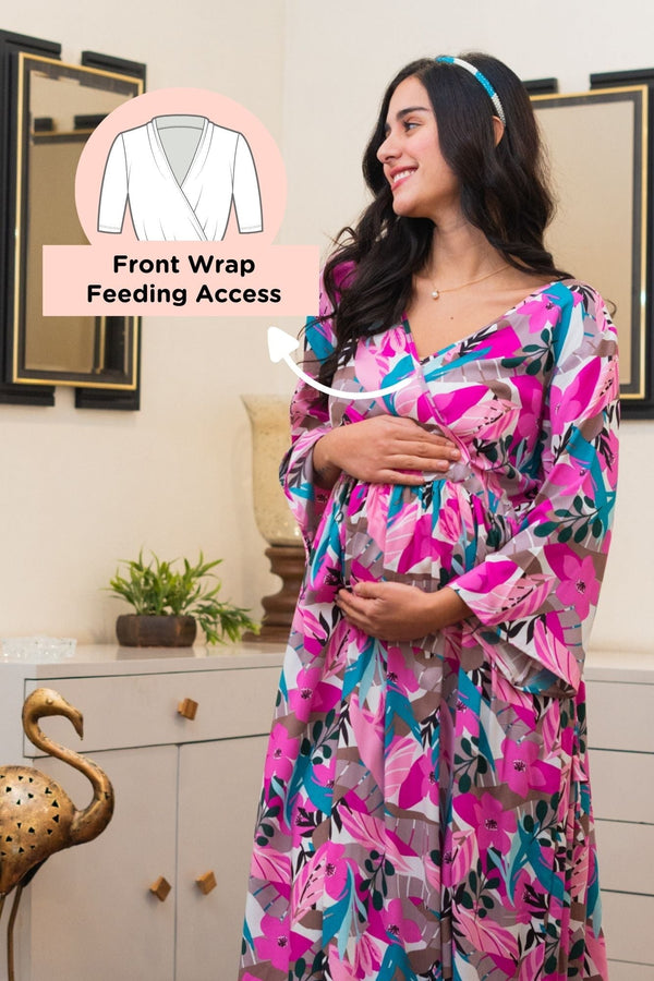 Flamingo Pink Floral Wrap Maternity & Nursing Maxi momzjoy.com