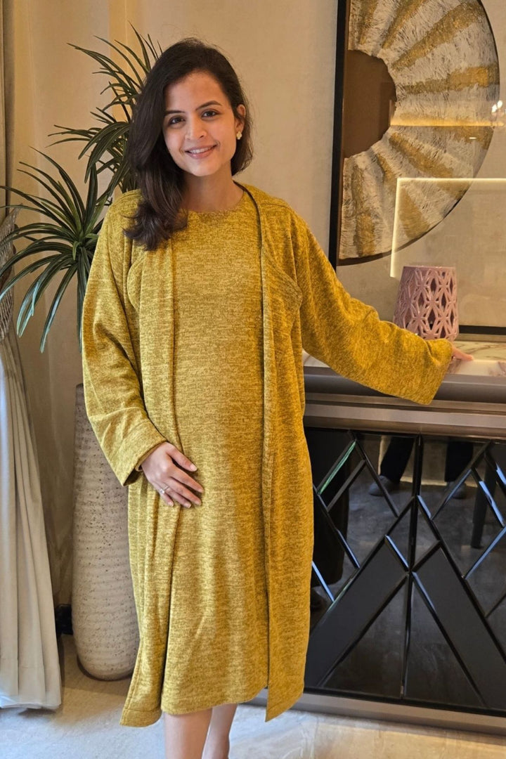 Cozy Mustard Maternity Winter Cover Up momzjoy.com