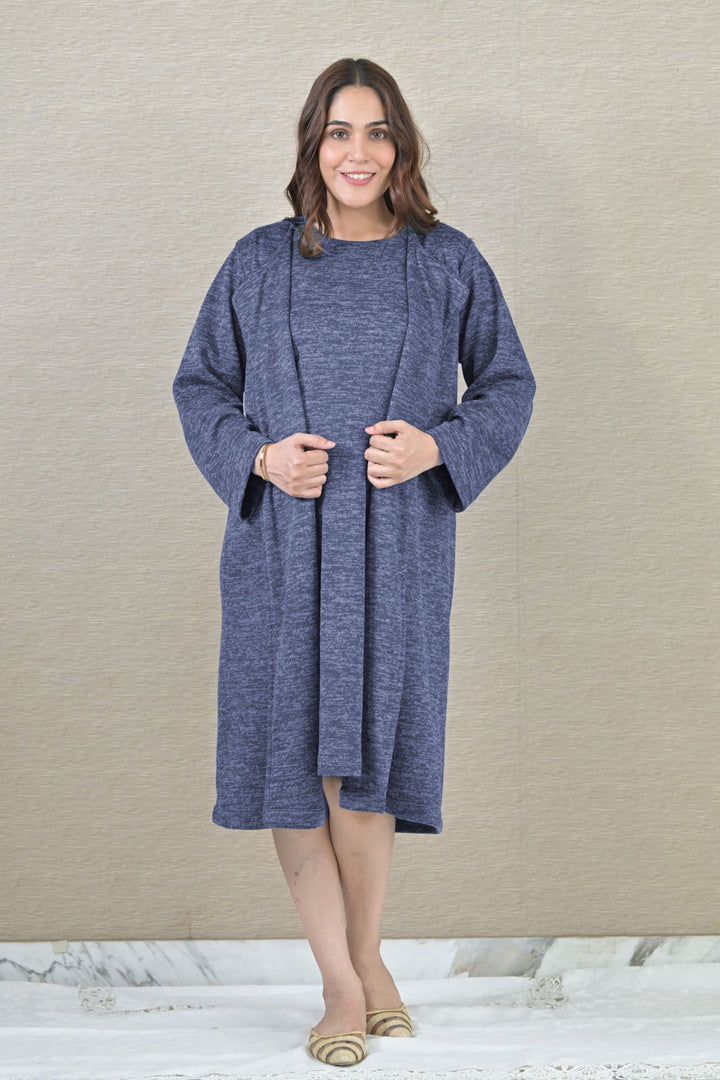 Blue Maternity Winter Dress With Cover Up (2pc) MOMZJOY.COM