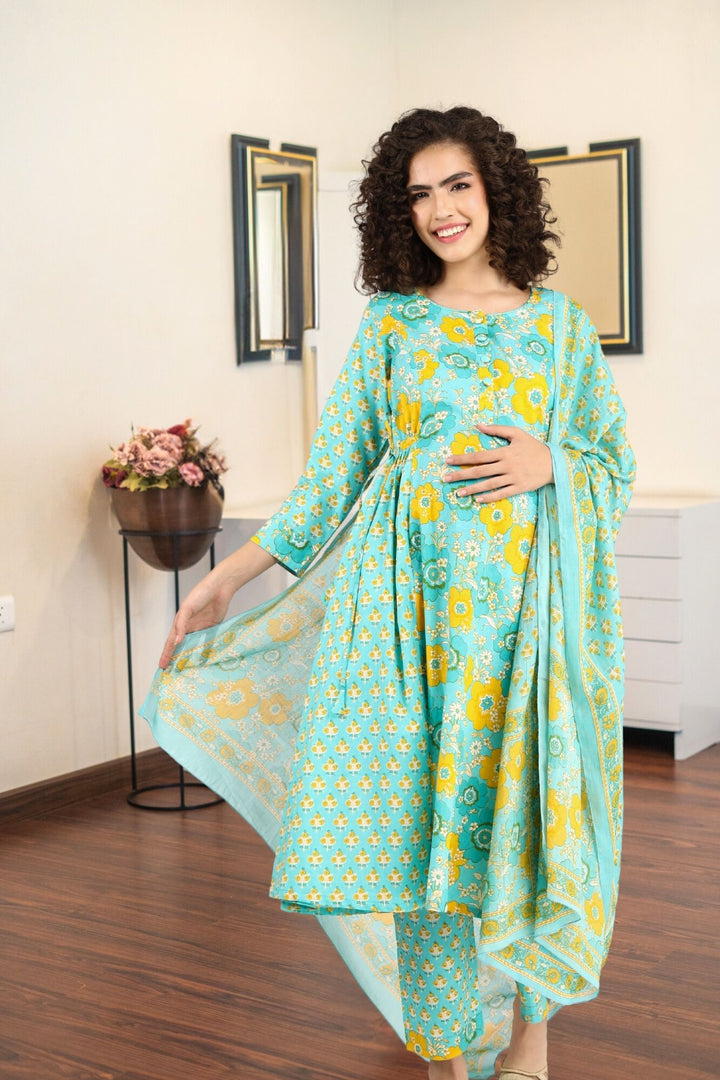 Moonflower Maternity & Nursing Kurta + Bump Band Bottom + Dupatta (3 Pc) (100% Cotton) momzjoy.com