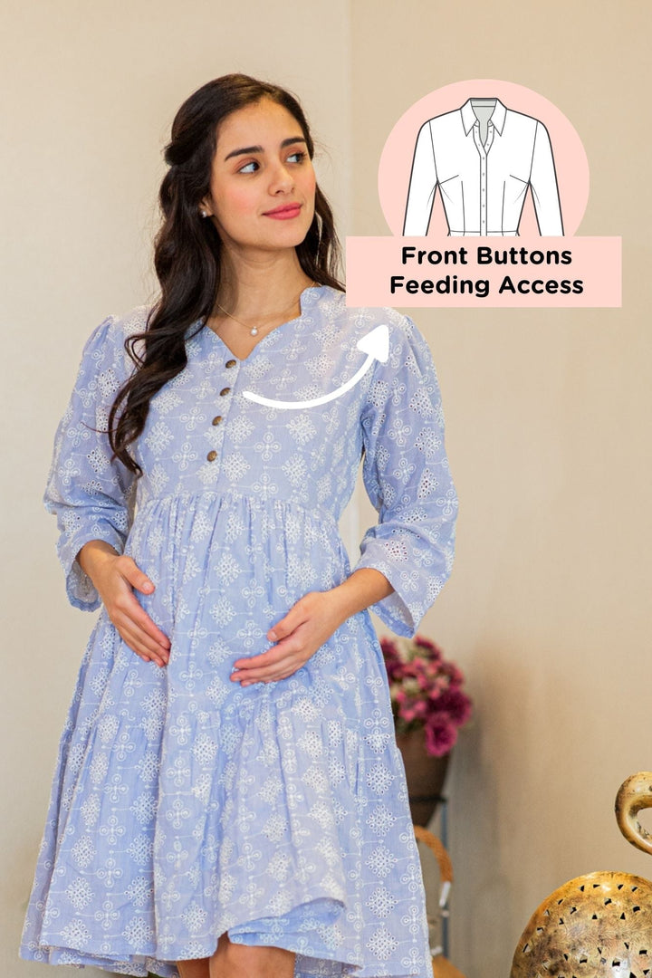 Charming Ice Blue Maternity & Nursing Flair Dress (100% Cotton) MOMZJOY.COM