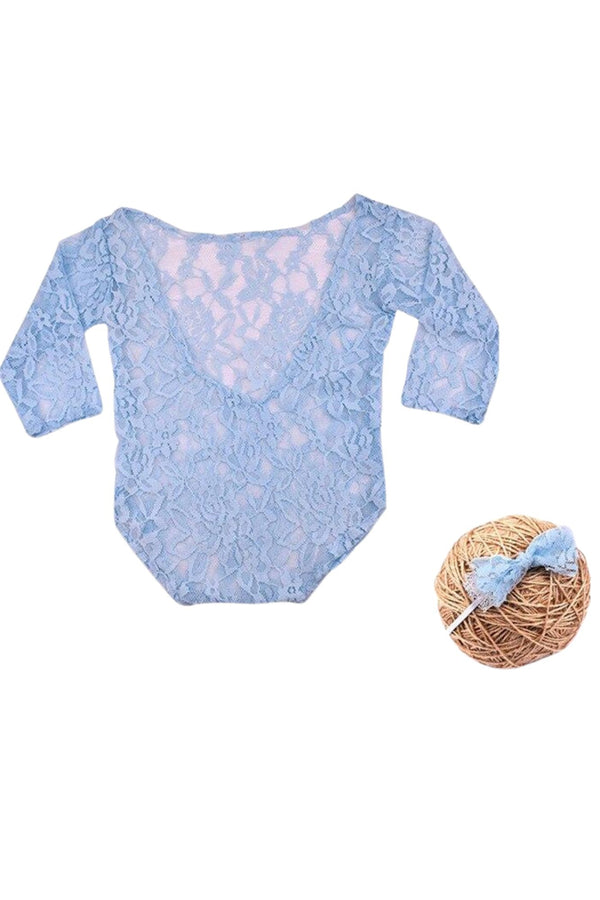 New Born Baby Blue Lace Romper & Bow Set Photography Prop (3 Months) MOMZJOY.COM