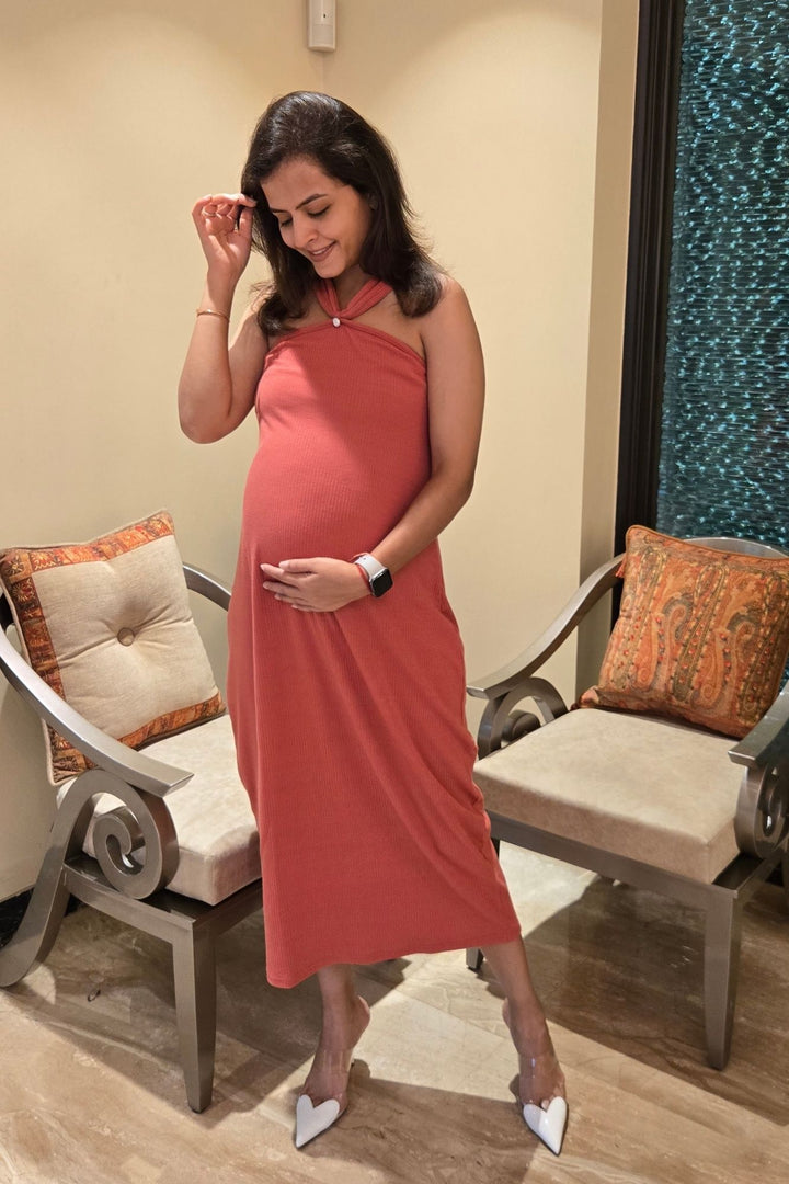 Effortless Melon Ribbed Maternity Fitted Dress MOMZJOY.COM