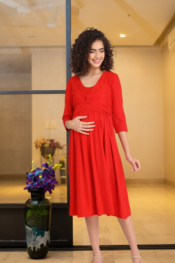 Sizzling Hot Red Maternity Knot Dress + Jacket (2pc) momzjoy.com