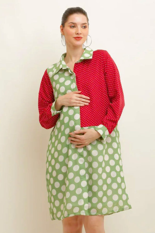 Merry Polka Printed Red-Green Shirt Dress momzjoy.com