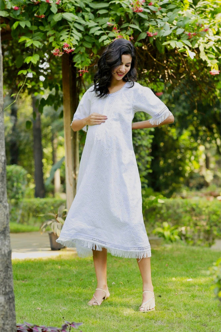 Absolute Angelic White Maternity & Nursing Dress (100% Cotton) MOMZJOY.COM