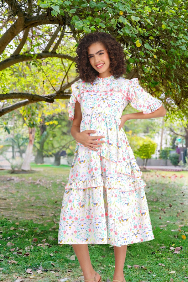 Eden Tropical Maternity & Nursing Frill Dress momzjoy.com