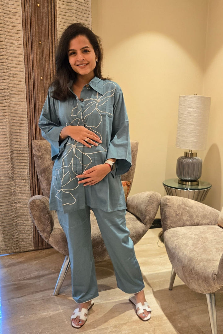 Classy Sage Blue Maternity & Nursing Lounge Coord Set (2Pc) momzjoy.com