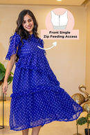 Breezy Cobalt Blue Polka Maternity & Nursing Frill Dress momzjoy.com