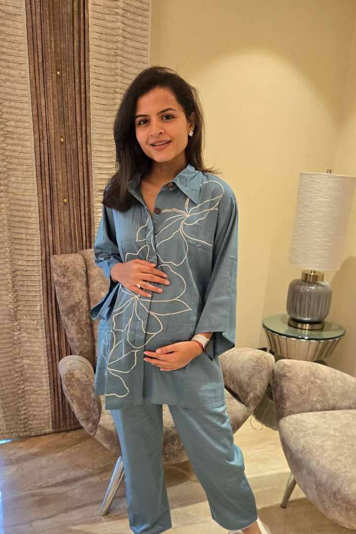 Classy Sage Blue Maternity & Nursing Lounge Coord Set (2Pc) momzjoy.com