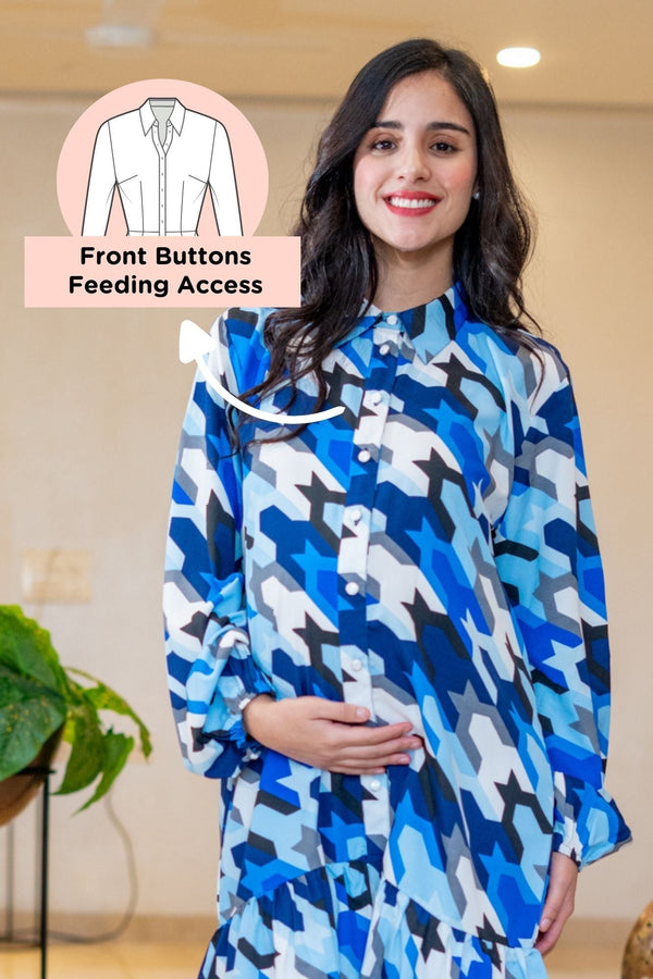 Blue Monochrome Abstract Maternity & Nursing Frill Shirt Dress momzjoy.com